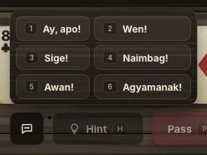 The quick reactions menu open above the speech-bubble button: Ay, apo!, Wen!, Sige!, Naimbag!, Awan! and Agyamanak!