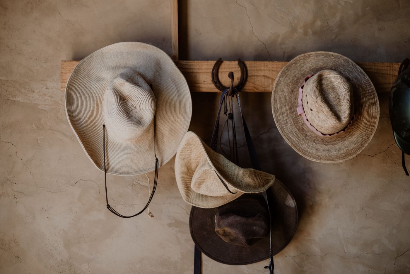 Straw and felt hats and a horseshoe hanging from a wooden peg rail.